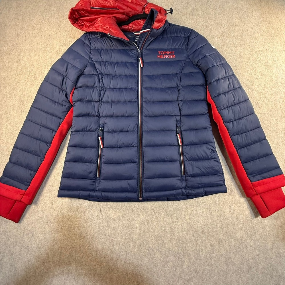 Tommy Hilfiger Mens Packable Lightweight Puffer Jacket Navy Red Hooded Small